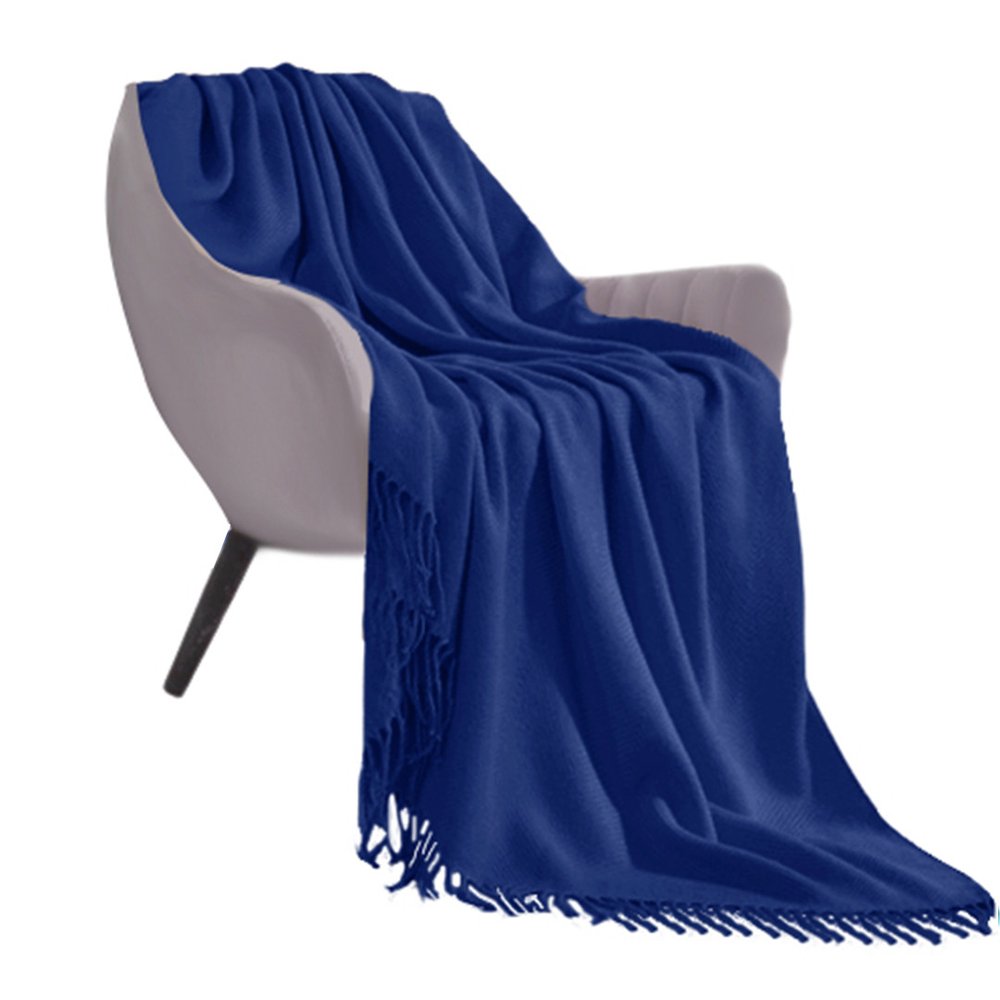 50" X 87" Royal Blue Acrylic Knitted Throw Blanket with Fringe