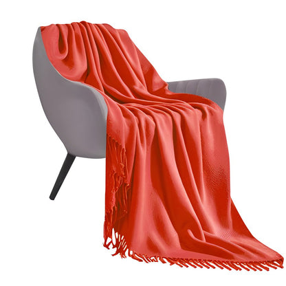 50" X 87" Orange Acrylic Knitted Throw Blanket with Fringe