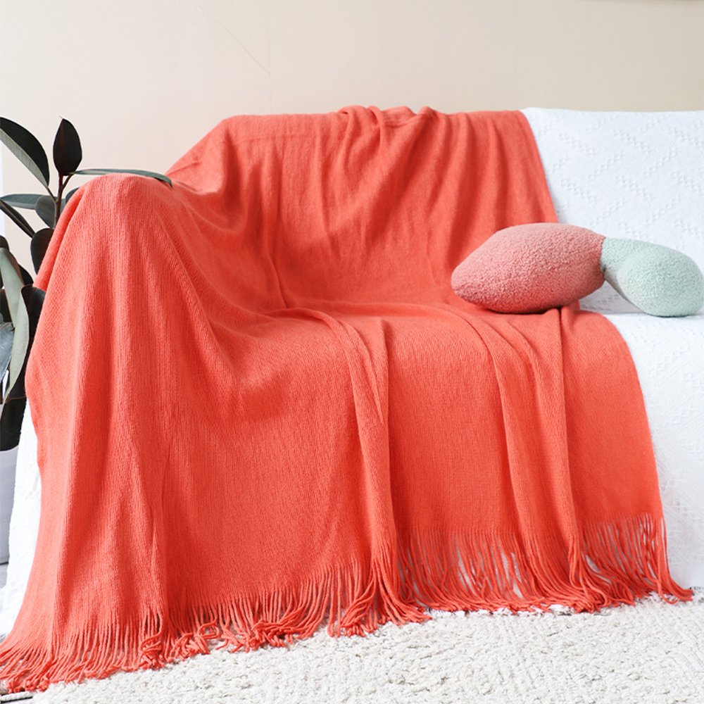 50" X 87" Orange Acrylic Knitted Throw Blanket with Fringe