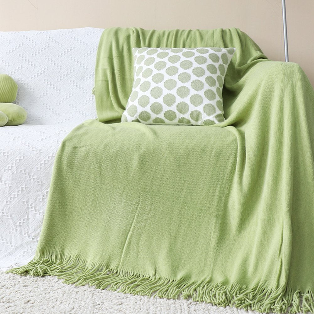 50" X 87" Green Knitted Throw Blanket with Fringe