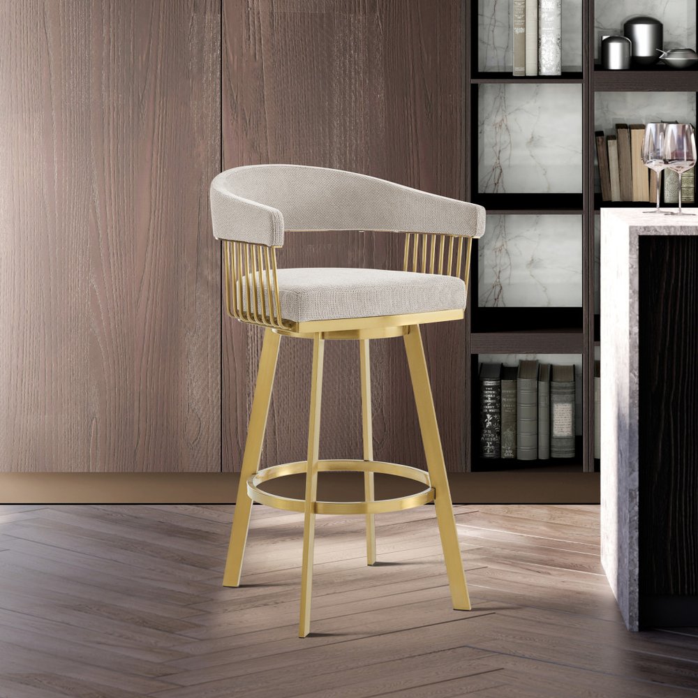 26" Taupe and Gold Fabric and Stainless Steel Low Back Counter Height Swivel Bar Chair