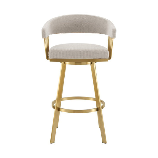 26" Taupe and Gold Fabric and Stainless Steel Low Back Counter Height Swivel Bar Chair