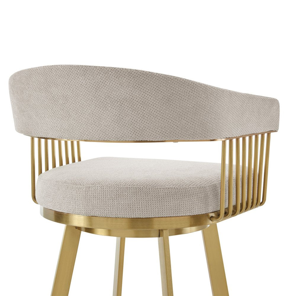 26" Taupe and Gold Fabric and Stainless Steel Low Back Counter Height Swivel Bar Chair