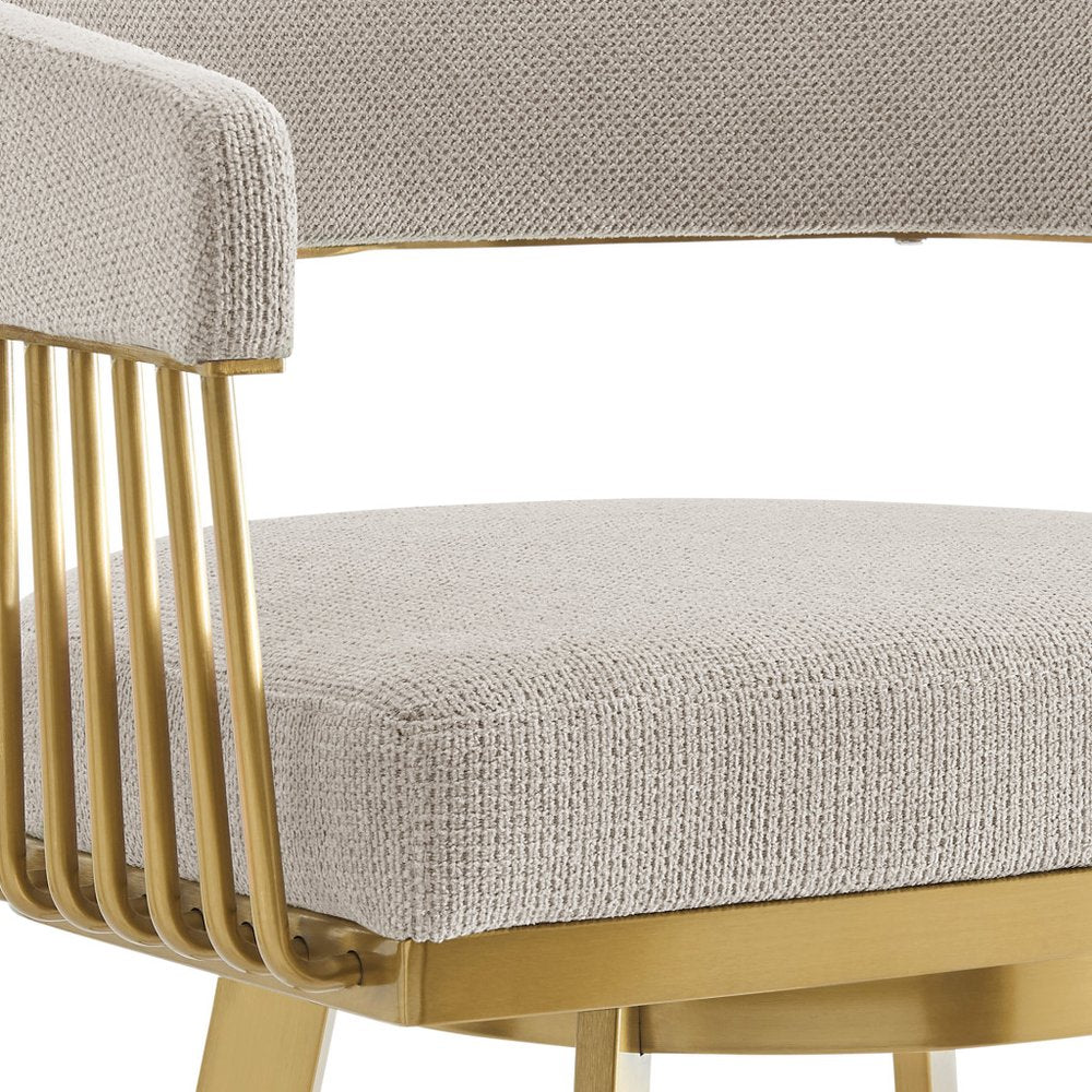 26" Taupe and Gold Fabric and Stainless Steel Low Back Counter Height Swivel Bar Chair