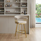 30" Taupe and Gold Fabric and Stainless Steel Low Back Bar Height Swivel Bar Chair