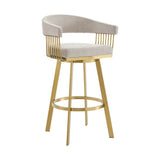 30" Taupe and Gold Fabric and Stainless Steel Low Back Bar Height Swivel Bar Chair