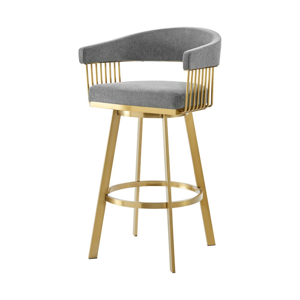 26" Gray and Gold Fabric and Stainless Steel Low Back Counter Height Swivel Bar Chair