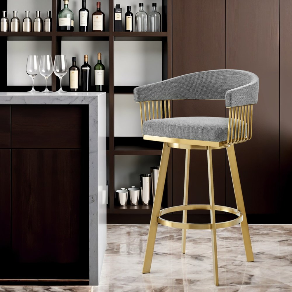 26" Gray and Gold Fabric and Stainless Steel Low Back Counter Height Swivel Bar Chair