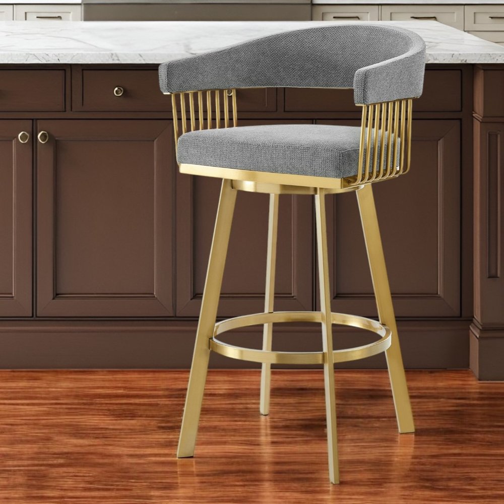 26" Gray and Gold Fabric and Stainless Steel Low Back Counter Height Swivel Bar Chair