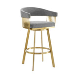 26" Gray and Gold Fabric and Stainless Steel Low Back Counter Height Swivel Bar Chair
