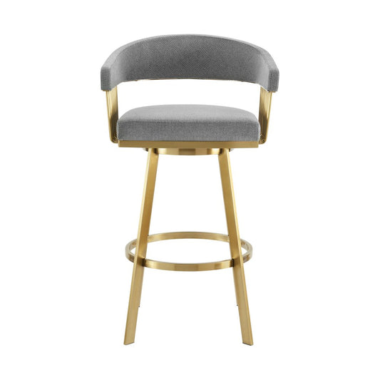 26" Gray and Gold Fabric and Stainless Steel Low Back Counter Height Swivel Bar Chair