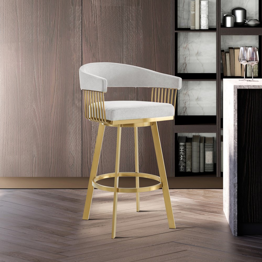 26" Silver and Gold Fabric and Stainless Steel Low Back Counter Height Swivel Bar Chair