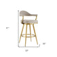30" Taupe and Gold Fabric and Stainless Steel Bar Height Swivel Bar Chair