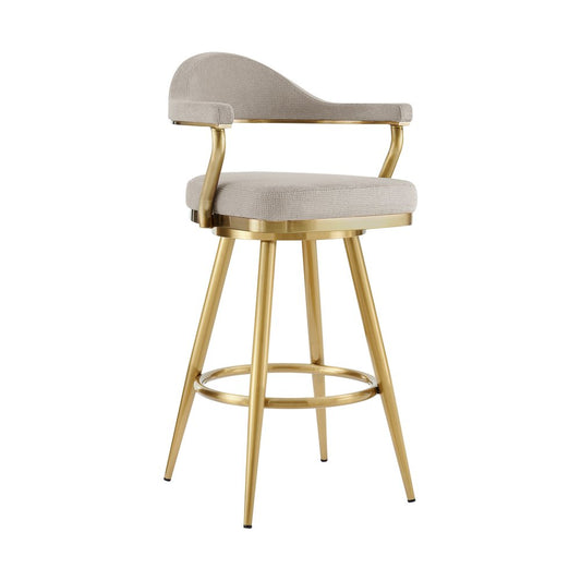 30" Taupe And Gold Fabric And Steel Low Back Bar Height Swivel Bar Chair
