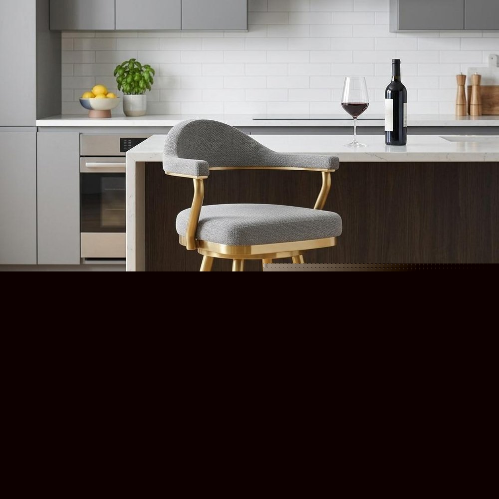 26" Gray and Gold Fabric and Stainless Steel Counter Height Swivel Bar Chair