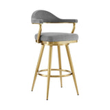 26" Gray and Gold Fabric and Stainless Steel Counter Height Swivel Bar Chair