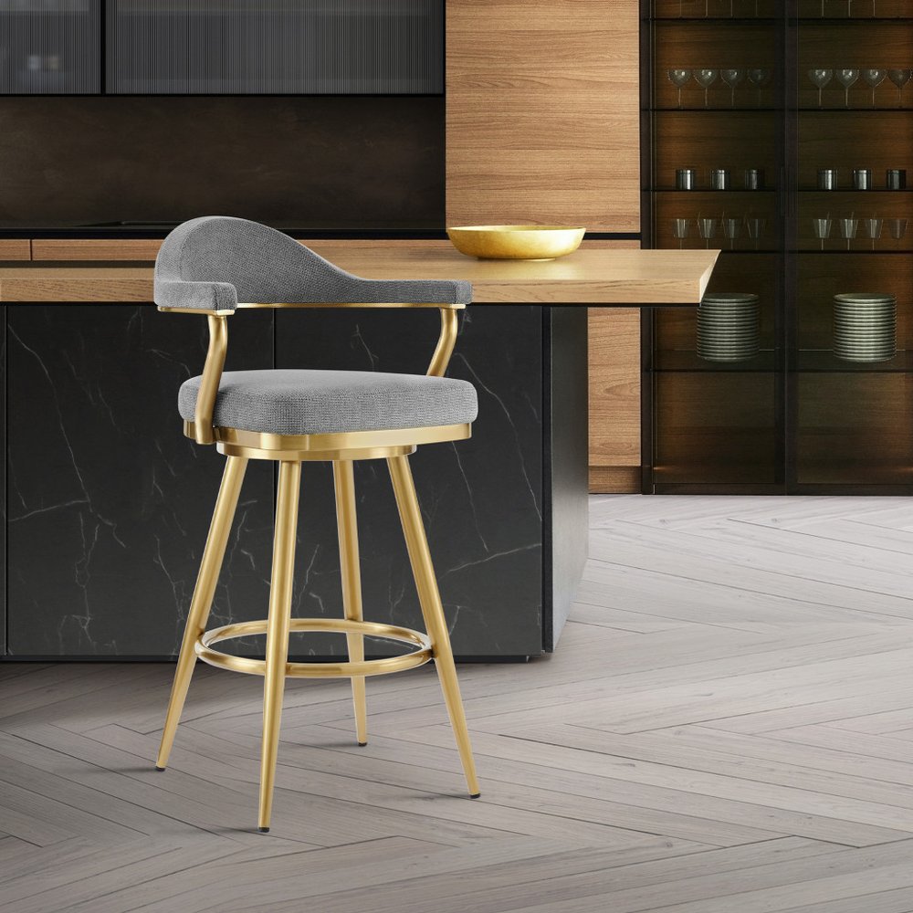 26" Gray and Gold Fabric and Stainless Steel Counter Height Swivel Bar Chair