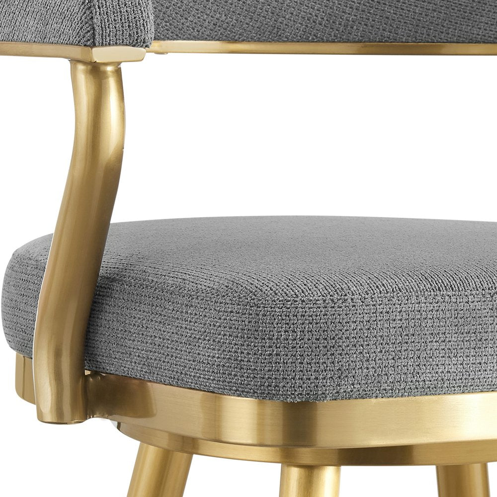 26" Gray and Gold Fabric and Stainless Steel Counter Height Swivel Bar Chair
