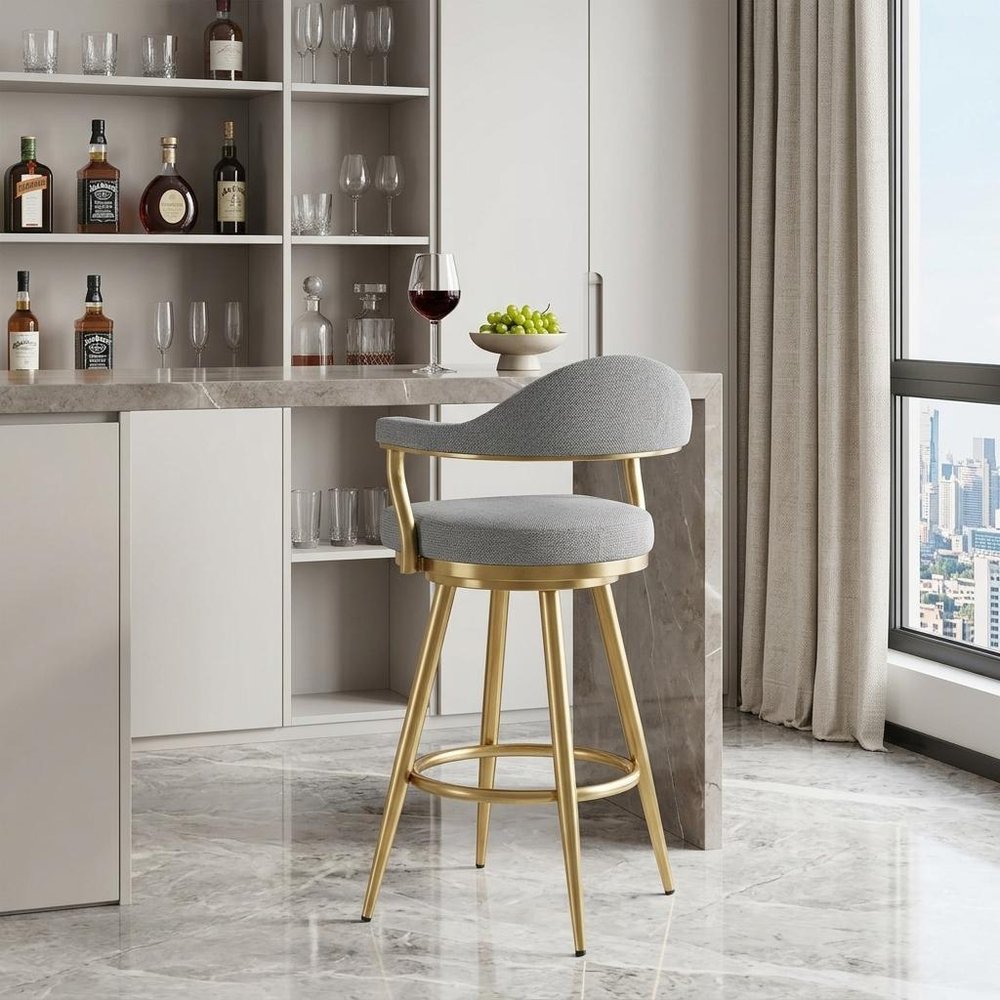 30" Gray and Gold Fabric and Stainless Steel Low Back Bar Height Swivel Bar Chair