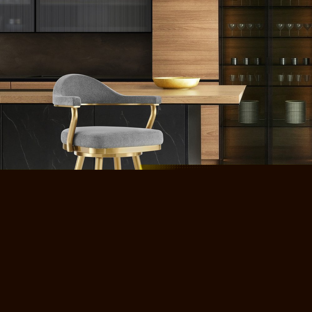 30" Gray and Gold Fabric and Stainless Steel Low Back Bar Height Swivel Bar Chair