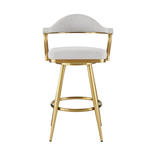 26" Silver And Gold Fabric And Steel Low Back Counter Height Swivel Bar Chair