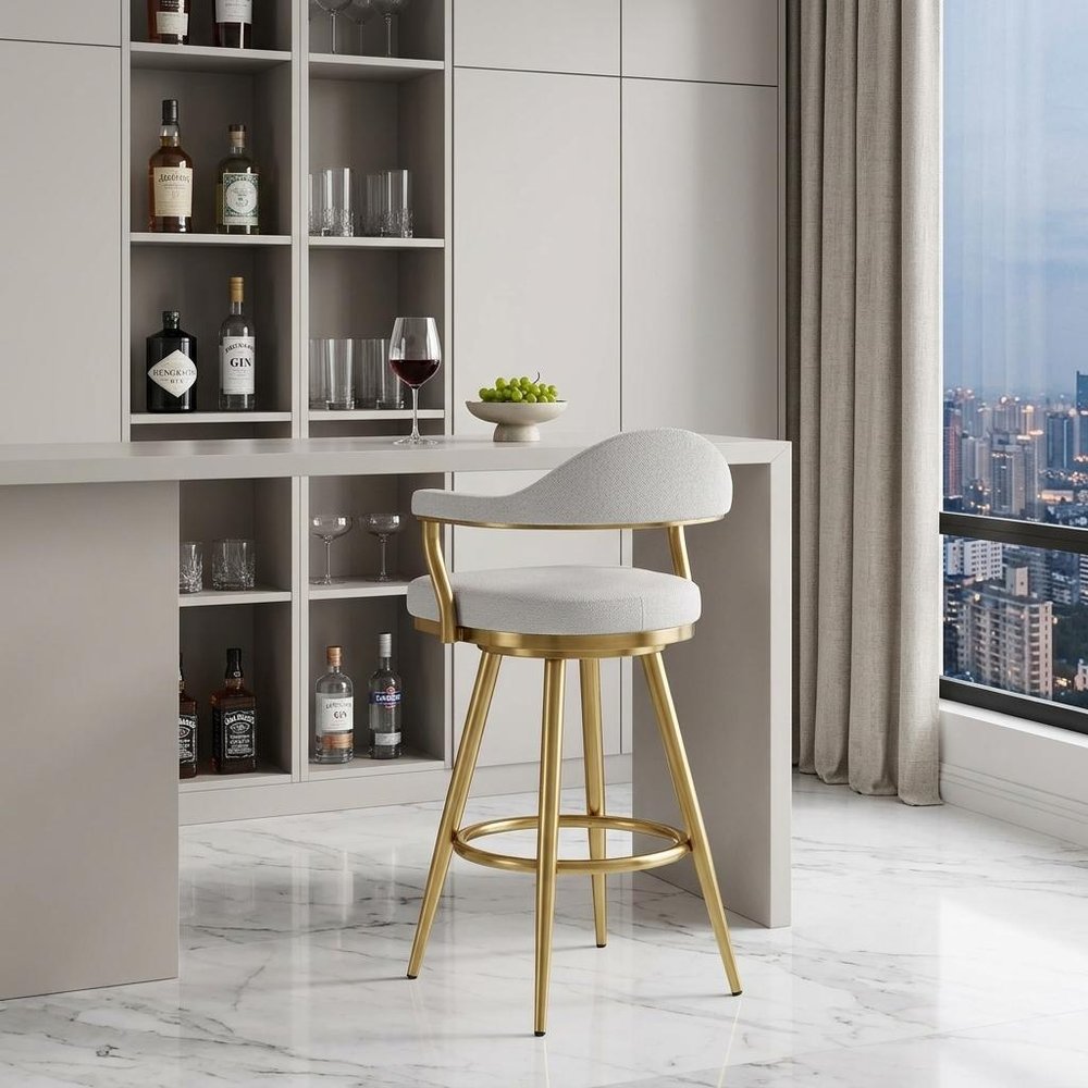 30" Silver And Gold Fabric And Steel Low Back Bar Height Swivel Bar Chair