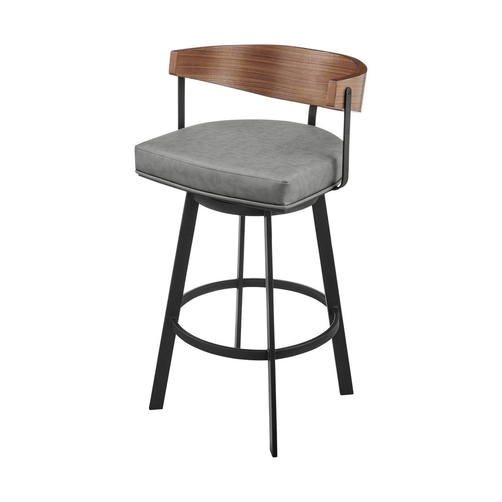 26" Gray Brown and Black Faux Leather and Iron Low Back Counter Height Swivel Bar Chair