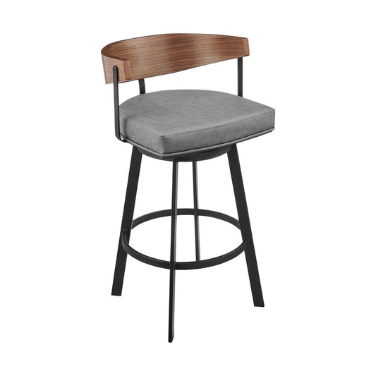 30" Gray Brown And Black Faux Leather And Iron Low Back Bar Height Swivel Bar Chair