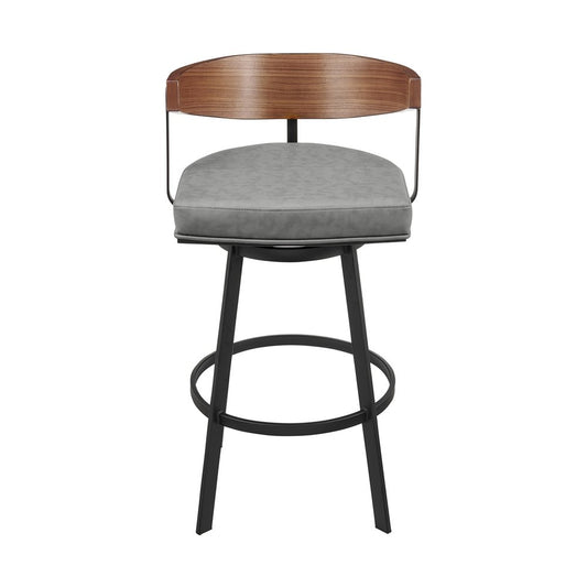 30" Gray Brown And Black Faux Leather And Iron Low Back Bar Height Swivel Bar Chair