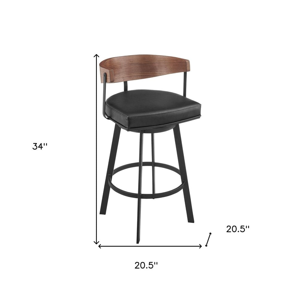 26" Black And Brown Faux Leather And Iron Low Back Counter Height Swivel Bar Chair