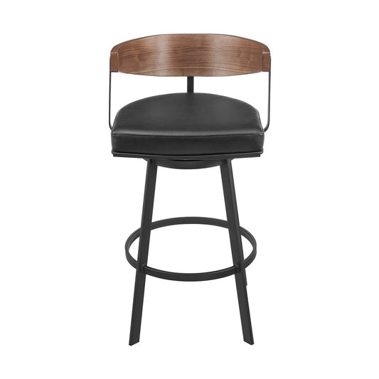 26" Black And Brown Faux Leather And Iron Low Back Counter Height Swivel Bar Chair