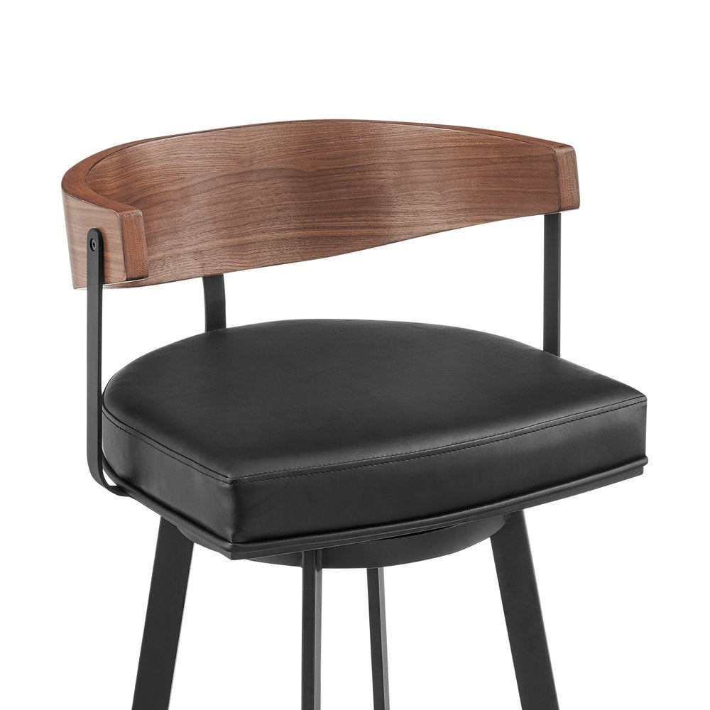 26" Black And Brown Faux Leather And Iron Low Back Counter Height Swivel Bar Chair