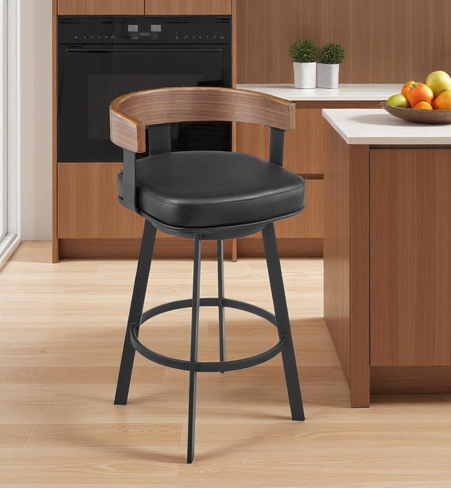 26" Black Faux Leather and Iron Low Back Counter Height Swivel Bar Chair