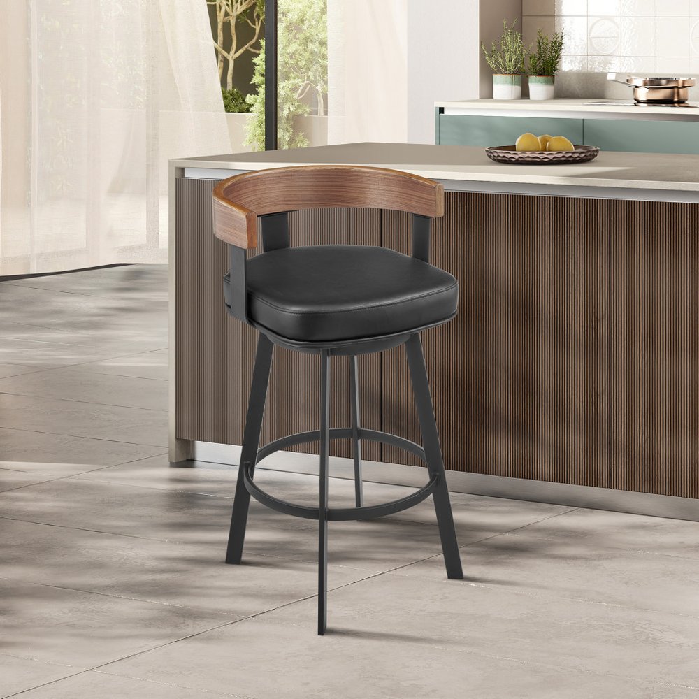 26" Black Faux Leather and Iron Low Back Counter Height Swivel Bar Chair