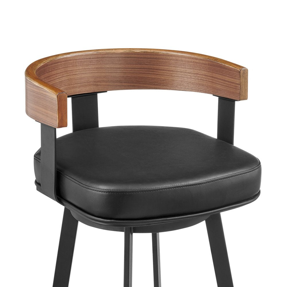 26" Black Faux Leather And Iron Low Back Counter Height Swivel Bar Chair