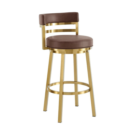 26" Coffee And Gold Faux Leather And Steel Low Back Counter Height Swivel Bar Chair