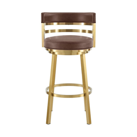 26" Coffee And Gold Faux Leather And Steel Low Back Counter Height Swivel Bar Chair