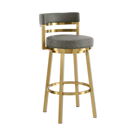 26" Gray And Gold Faux Leather And Steel Low Back Counter Height Swivel Bar Chair