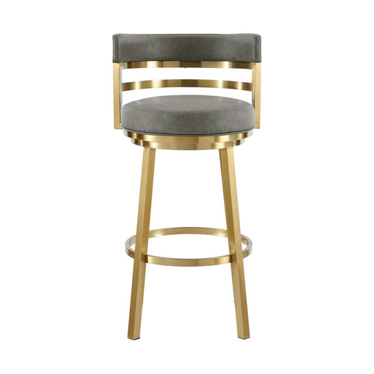 26" Gray And Gold Faux Leather And Steel Low Back Counter Height Swivel Bar Chair