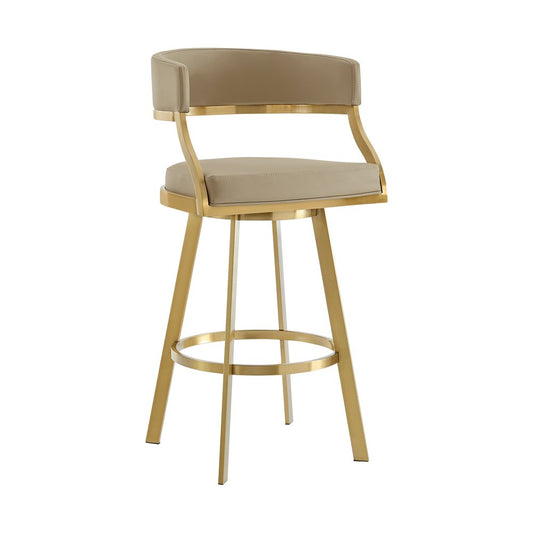 30" Sand And Gold Faux Leather And Steel Low Back Bar Height Swivel Bar Chair