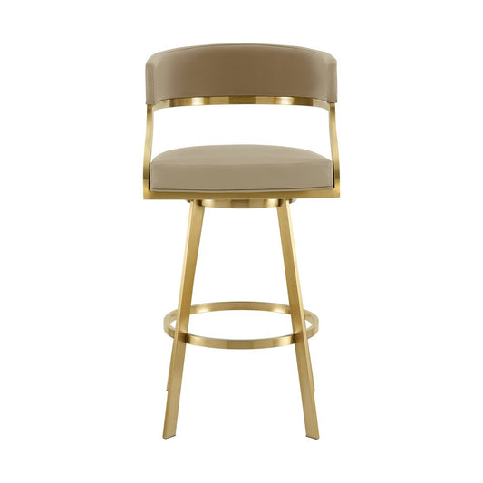 30" Sand And Gold Faux Leather And Steel Low Back Bar Height Swivel Bar Chair