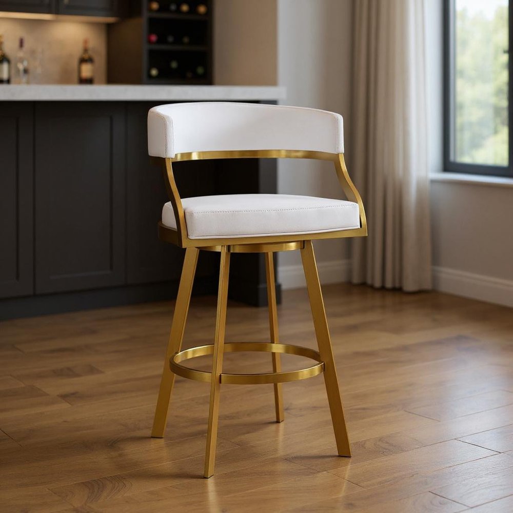 30" White and Gold Faux Leather and Stainless Steel Low Back Bar Height Swivel Bar Chair