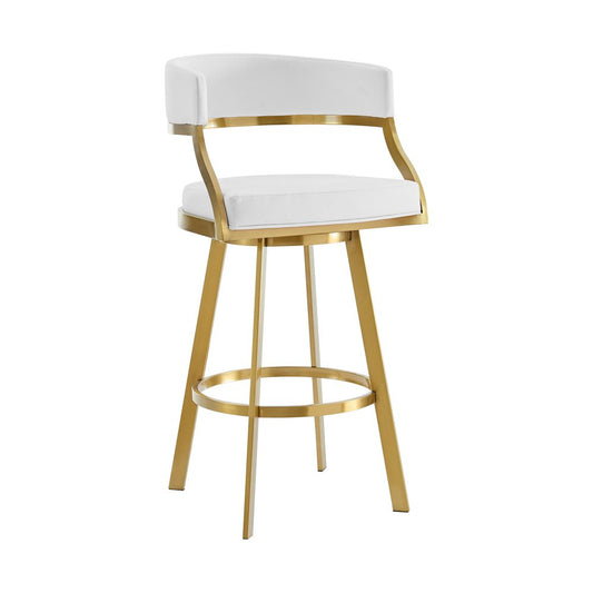 30" White And Gold Faux Leather And Steel Low Back Bar Height Swivel Bar Chair