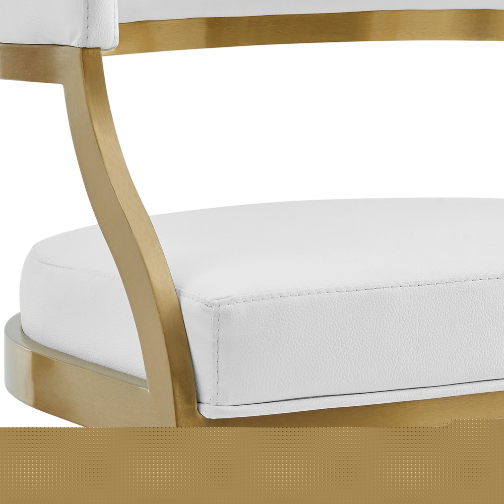 30" White and Gold Faux Leather and Stainless Steel Low Back Bar Height Swivel Bar Chair