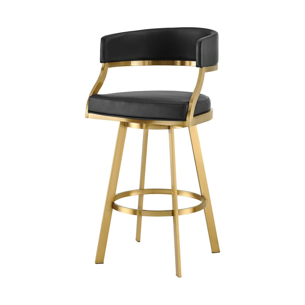 26" Black and Gold Faux Leather and Stainless Steel Low Back Counter Height Swivel Bar Chair
