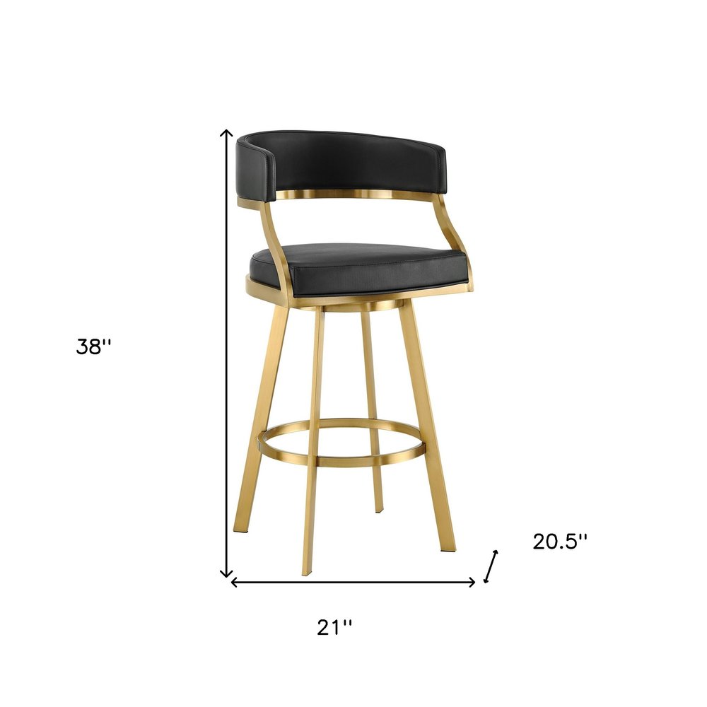 26" Black and Gold Faux Leather and Stainless Steel Low Back Counter Height Swivel Bar Chair