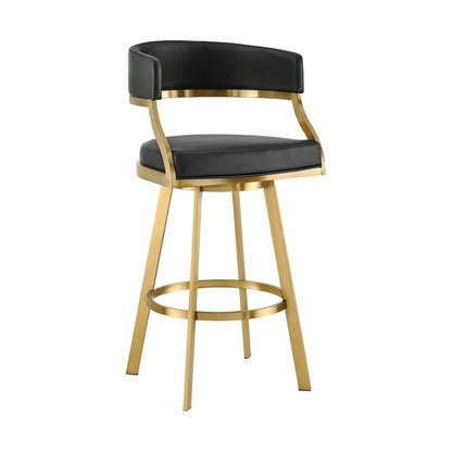 26" Black and Gold Faux Leather and Stainless Steel Low Back Counter Height Swivel Bar Chair