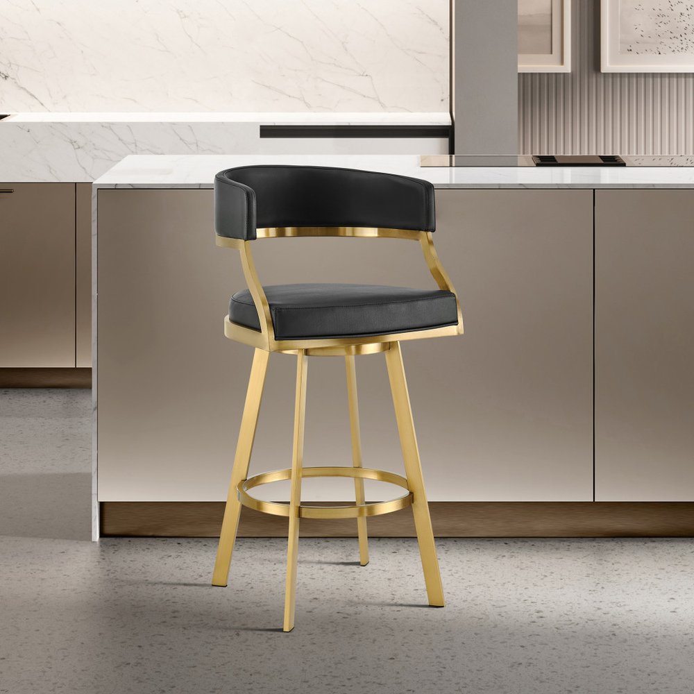 26" Black and Gold Faux Leather and Stainless Steel Low Back Counter Height Swivel Bar Chair