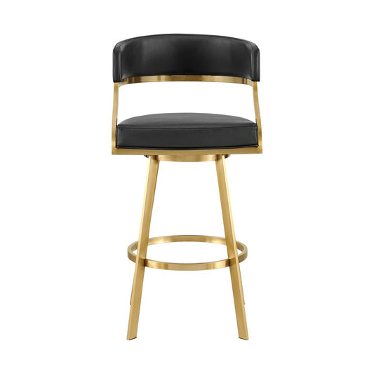 26" Black And Gold Faux Leather And Steel Low Back Counter Height Swivel Bar Chair