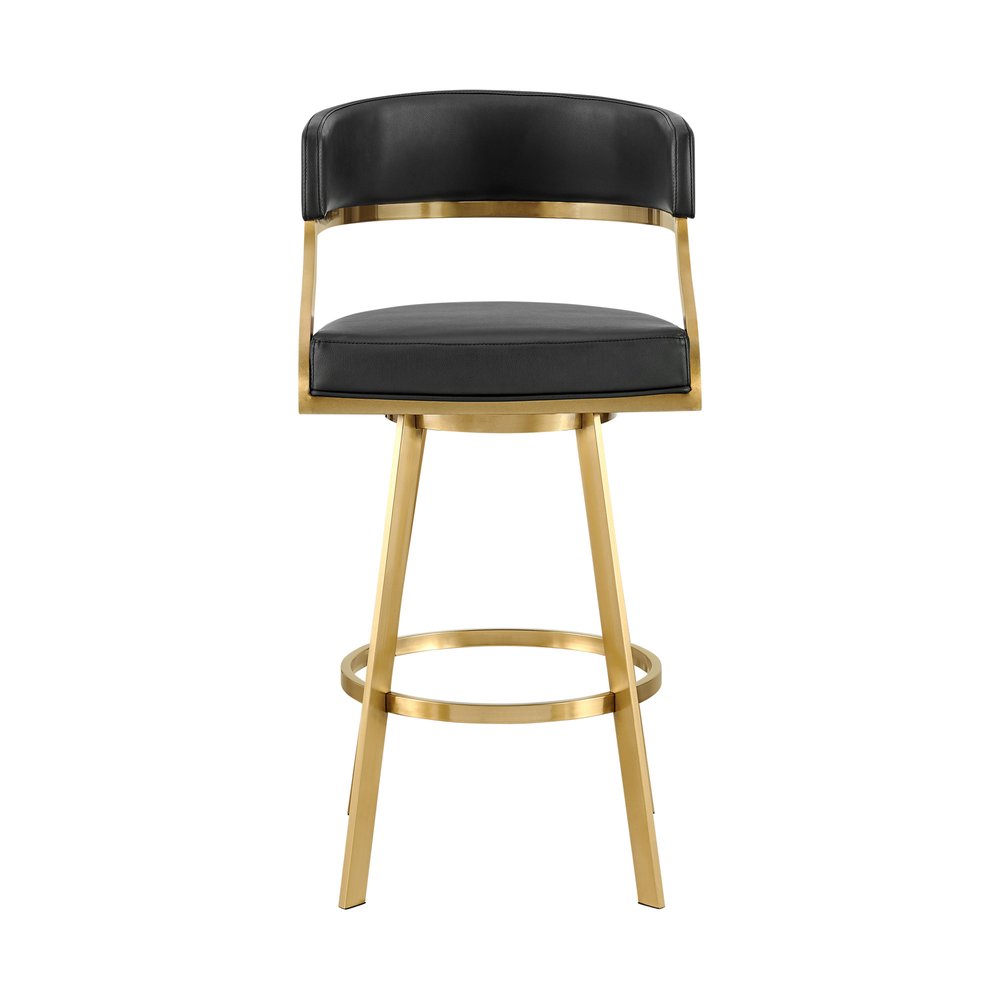 26" Black and Gold Faux Leather and Stainless Steel Low Back Counter Height Swivel Bar Chair